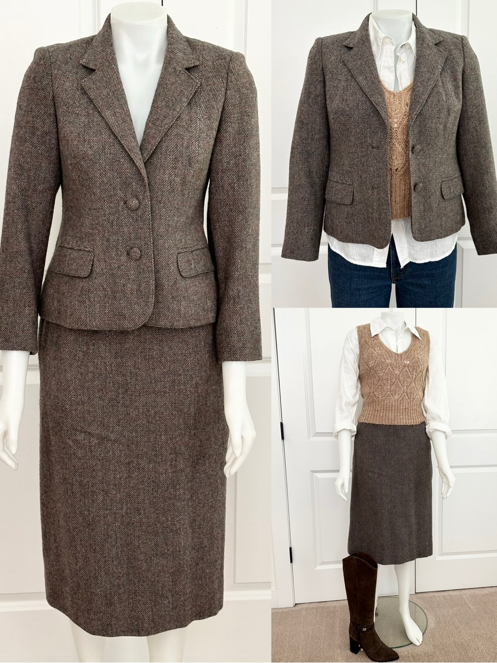 Vintage Fall Wool Tweed Herringbone Two Piece Suit - Blazer Jacket & Midi Skirt